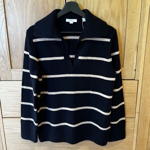 Vince Johnny Collar Striped Sweater Black Cream Size Small NWT Wool Cashmere